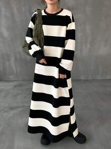 FRIFUL Women's Round Neck Drop Shoulder Long Sleeve Black & White Striped Straight Long Dress, Autumn Dress, Outdoor Dress, Autumn Wear