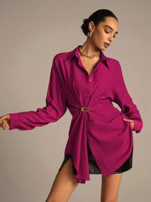 Modelyn 编织金属装饰超大紫色女士教师休闲时尚衬衫 - 紫色 - 查看 7