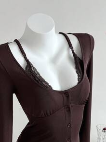 Elamini 1 pieza Camiseta de manga larga con cuello redondo, ajustada, de estilo casual con detalles de encaje marrón y parches, para la temporada de vuelta al colegio