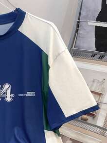 SHEIN 2 件套青少年男童拼布运动字母撞色短袖 T 恤和短裤套装,休闲、学校、旅行、运动、舒适、柔软、百搭 - 藏蓝色 - 查看 8