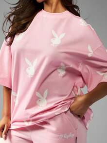 Missguided x Playboy Bunny Logo All Over Print Oversized Tee Lounge Wear Comfort Casual Summer Streetwear Graphic T-Shirt - Pink - View 4