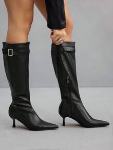 CUCCOO SZL 女士时尚性感尖头细高跟中筒靴，黑色套脚 - 黑色 - 查看 7