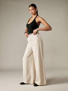 MISSGUIDED Pinstripe Wide Leg Palazzo Pants High Waisted Office Wear Business Professional Trousers With Belt Elegant Classic Workwear Fall Winter - Beige - View 5