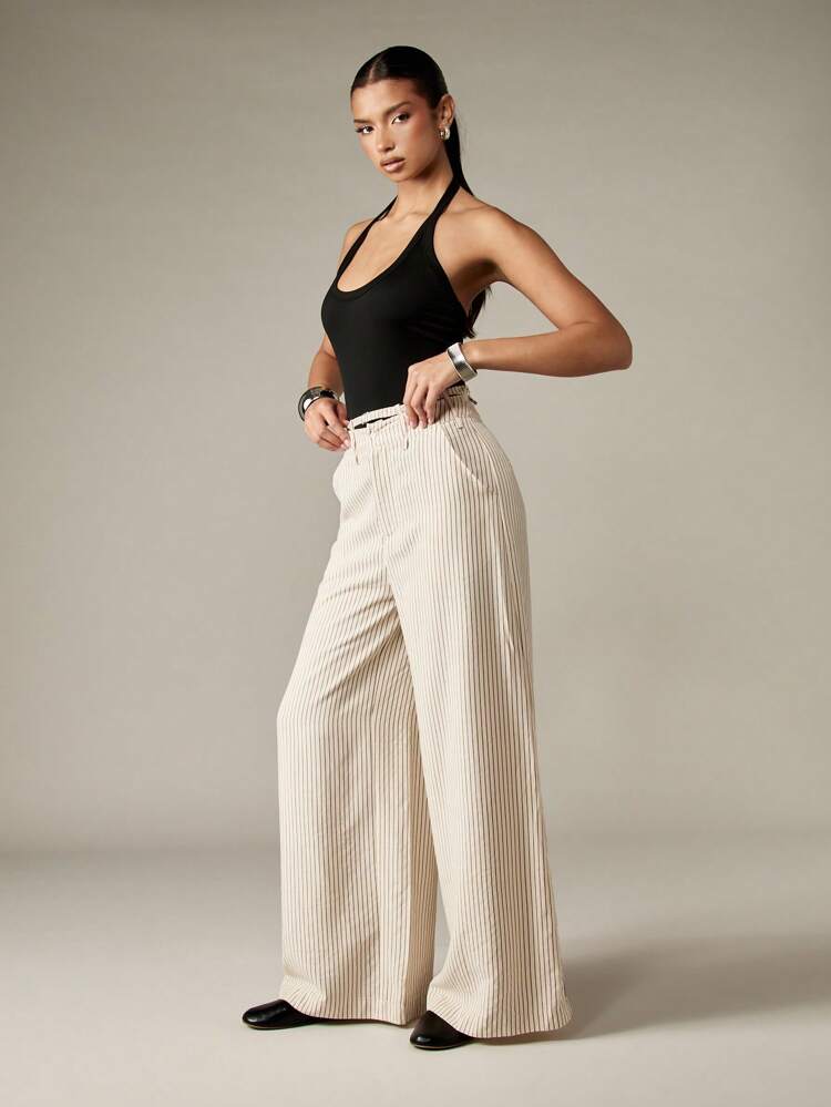 MISSGUIDED 핀스트라이프 와이드 레그 팔라초 팬츠 하이 웨이스트 오피스 웨어 비즈니스 프로페셔널 벨트가 있는 바지 우아한 클래식 작업복 가을 겨울