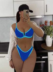 Swim SXY Women's V-Neck Cutout Strap Two-Piece Blue Bikini Set, Contrasting Color Sexy Swimwear Bathing Suit For Summer Beach Vacation - Royal Blue - View 1