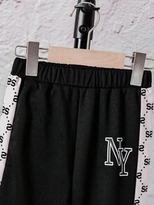 2 件幼儿男童秋冬加厚罗纹 V 领长袖上衣，几何印花，罗纹袖口和下摆，搭配松紧腰宽松印花字母图案裤套装 - 黑色 - 查看 7