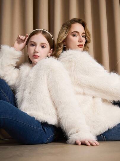 SHEIN Girls Casual Faux Fur Jacket, Cute & Fashionable Style, White Fluffy Comfortable, Suitable For Spring, Summer, Autumn, Ideal For Outdoor, Shopping, Parties Fall Winter