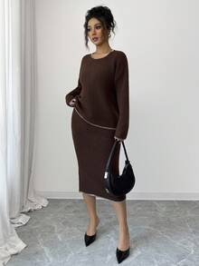 Rafferiza Women's Elegant Commuter French Casual Embroidered Trim Long Sleeve 2 Pieces Dress Set Fall Winter Cloth For Women