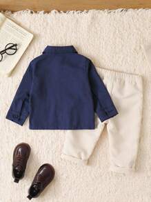 Souflis Souflis 2pcs Baby & Toddler Boys' Casual Blue Long Sleeve Shirt And Beige Corduroy Pants Set, Suitable For Daily Wear And Back To School Fall Winter - Multicolor - View 3