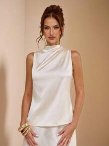 SHEIN BAE 纯色褶皱设计无袖吊带背心，优雅圆领背心，白色背心 - 白色 - 查看 3