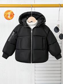 少女纯色连帽保暖拉链棉服外套，冬季 - 黑色 - 查看 5
