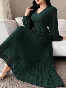 Modelyn Đầm midi tay dài cổ chữ V tối giản màu trơn dành cho nữ, mặc thường ngày - Màu xanh lá cây đậm - Xem 5