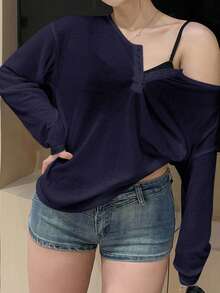 Dazy Plus Maglietta a maniche lunghe con collo ampio e orlo semi-aperto, di colore unito, adatta per primavera/estate - Blu Navy - Visualizzare 3