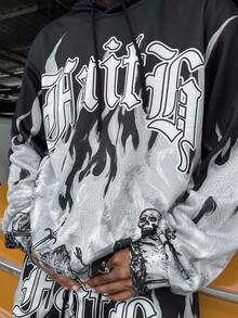 Manfinity Roghcode Men's Dark Gothic Skeleton Flame Print Hoodie&Shorts Set,Oversized Streetwear,Black,Autumn,City Break,High Street Digital Skull Letter Graphic Suit - Black - View 6