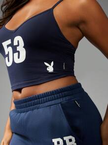 Missguided x Playboy Cropped Cami Tank Top Cross Back Design V Neck Athletic Number Print Workout Slim Fit Summer Spring Casual Streetwear Loungewear - Royal Blue - View 5
