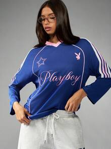 Missguided x Playboy 长袖足球球衣，印有字母Logo和号码，撞色滚边，2026世界杯运动时尚比赛日足球潮牌球衣 - 寶藍色 - 查看 5