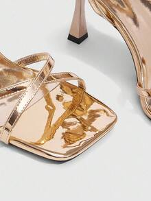 CUCCOO SZL Champagne Metallic Buckle Ankle Strap Sexy Square Toe Stiletto High Heel Sandals, Fashion For Commute, Date, Party, Holiday, Wedding