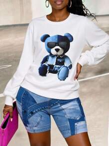 SHEIN 2pcs Women Set, New Design White Crew Neck Sweatshirt With Funny Graphic Print, Panda Graphic Splice, Fitted Short Sleeve Leggings With Digital Print And Splice Pattern, Matching Family Outfit - Multicolor - View 4