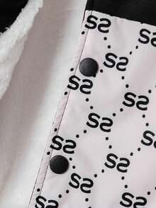 2 件幼儿男童秋冬加厚罗纹 V 领长袖上衣，几何印花，罗纹袖口和下摆，搭配松紧腰宽松印花字母图案裤套装 - 黑色 - 查看 3