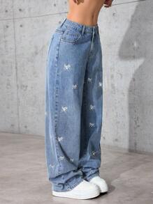 SHEIN Tall 女式低腰蝴蝶刺绣水钻水洗直筒宽松牛仔裤 - 中等水洗藍 - 查看 4