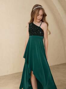Elegantes Blumenkleid für Tween Mädchen für Abschluss, Hochzeit, Ball, tiefgrünes Satinkleid mit Pailletten, einschultrig, ärmellos, Midi-Länge für Halloween, Weihnachten, Party, Mädchen Asymmetrischer Saum, aufgeblähter Rock Prinzessinnenkleid für Schulanfang - Dunkelgrün - Übersicht 8