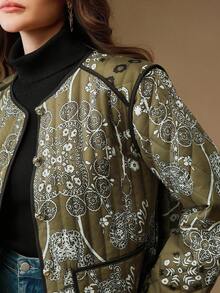 Anewsta 女士优雅腰果花印花绗缝长袖圆领棉服外套，冬季 - 軍綠色 - 查看 1