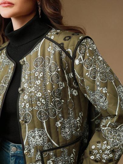 Anewsta 女士优雅腰果花印花绗缝长袖圆领棉服外套，冬季