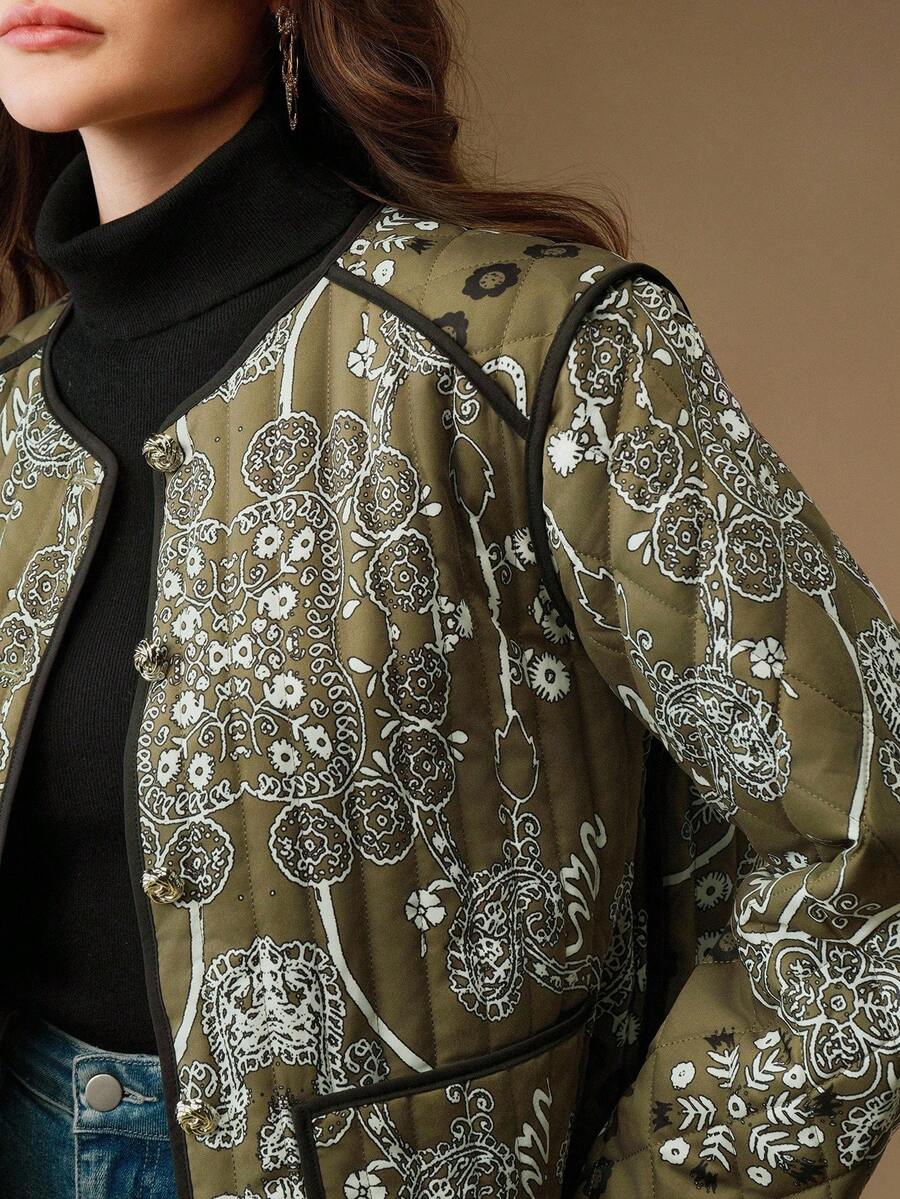Anewsta 女士优雅腰果花印花绗缝长袖圆领棉服外套，冬季 - 軍綠色 - 查看 1