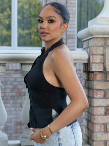 Melissa Matos Women's Bow Tie Hollow Out Halter Neck Sleeveless Top, Open Slit Casual Vest - Black - View 3