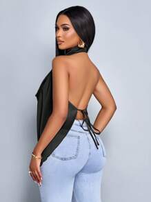 SOLERSUN Spring And Summer Women's Wear Leisure Vacation Apricot Glossy Fabric Deep V Neck Halter Straps Swing Neck Curved Hem Backless Straps Woven Fabric Vest - Black - View 2