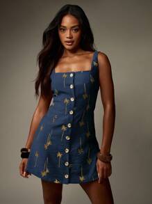 MISSGUIDED Váy ngắn vải lanh thêu hình cây cọ cài nút, mặc đi biển mùa hè, mặc đi nghỉ dưỡng, cổ vuông, không tay, thường ngày, dự tiệc, ngày lễ, đầm liền thân - Màu xanh hải quân - Xem 1