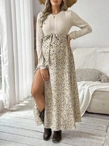 SHEIN Maternity Round Neck Raglan Sleeve Split Ditsy Floral Summer Dress - Multicolor - View 1