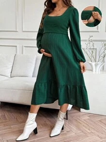 SHEIN 孕妇休闲通勤纯色哺乳连衣裙 - 綠色 - 查看 8