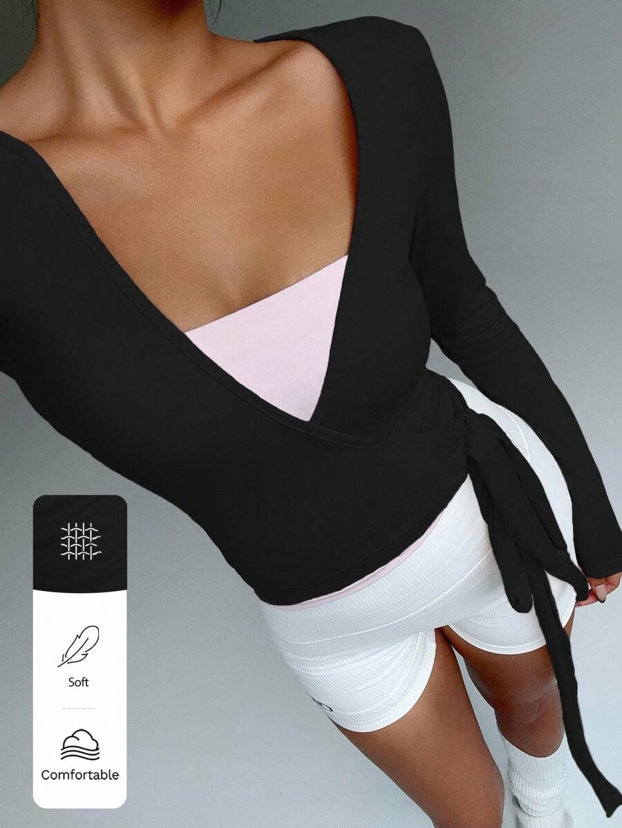FavEase Pink Yoga Fitness Sports Stretchy Soft Open Front Tie-Up V-Neck Wrap Long Sleeve Cropped Tight Tee, Fashionable Minimalist Casual Elegant Wardrobe Essential Design For Women, Spring/Autumn Fall Cloth For Women - Black - View 1