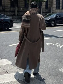 DAZY Women's Solid Color Drop Shoulder Long Sleeve Double-Breasted Casual Overcoat - Dark Grey - View 8