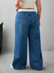 SHEIN Cottnline Plus Size 100% Bawełna Kobiety Spódnica Młody i Wysoki Stan Szerokie Nogawki Baggy Jeans - Ciemny jeans - Zobacz 2