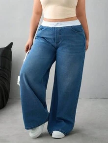 SHEIN Cottnline Plus Size 100% Bawełna Kobiety Spódnica Młody i Wysoki Stan Szerokie Nogawki Baggy Jeans - Ciemny jeans - Zobacz 3