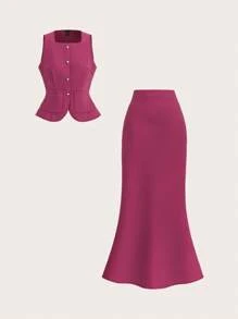SHEIN Tall 2 件套极简主义时尚单排扣背心裙套装时尚优雅休闲简约日常纯色秋季商务休闲 - 酒紅色 - 查看 1