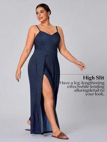 Flexra Plus Size Women Knitted Denim High Slit Jumpsuit - Dark Wash - View 4