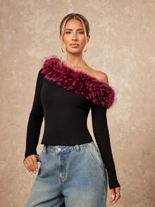 Lumalex Women's Black Elegant Sexy Night Out Autumn Winter Faux Fur Shoulder Cut-Out Tight Fit Long Sleeve T-Shirt Bolero Shrug Feather Top Party Glamorous - Red and Black - View 5
