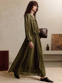 Revavyn 女式提花拼接长款宽松休闲连衣裙 - 軍綠色 - 查看 2