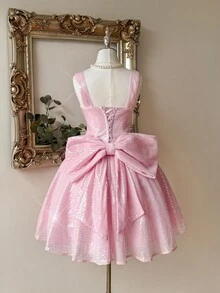 Lovelzi 优雅奢华粉色亮片刺绣宽肩带方领连衣裙，蝴蝶装饰，适合正式场合 - 粉色 - 查看 3