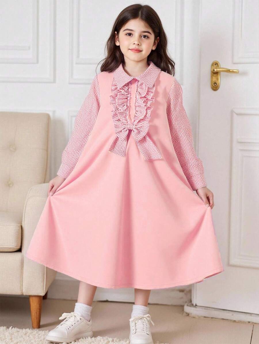 1pc Young Girl's Sweet Pink Plaid Patchwork Long Sleeve Shirt Dress,Hidden Zipper Back,Cute Ruffle Bow Dress For Party,Holiday,Autumn,Back To School - Multicolor - View 1