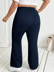 SHEIN CURVE+ 大尺碼女款秋冬開學季休閒家居瑜伽舒適戶外純黑色針織彈性腰高腰口袋喇叭褲，附口袋內搭褲 - 寶藍色 - 查看 2