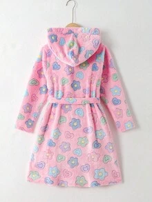 SHEIN 少女花卉印花长袖连帽睡袍家居服 - 淺粉色 - 查看 2