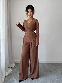 Elenzga Conjunto de 2 piezas de camisa de manga larga con cuello y pantalones anchos y sueltos, de tela tejida en color marrón café, adecuado para atuendo casual de mujer a principios de otoño, apropiado para citas, regreso a la escuela, atuendo de maestra, estilo de Oriente Medio, elegante y maduro, atuendo de oficina, estilo francés elegante, moda coreana. - Café integral - Ver 3