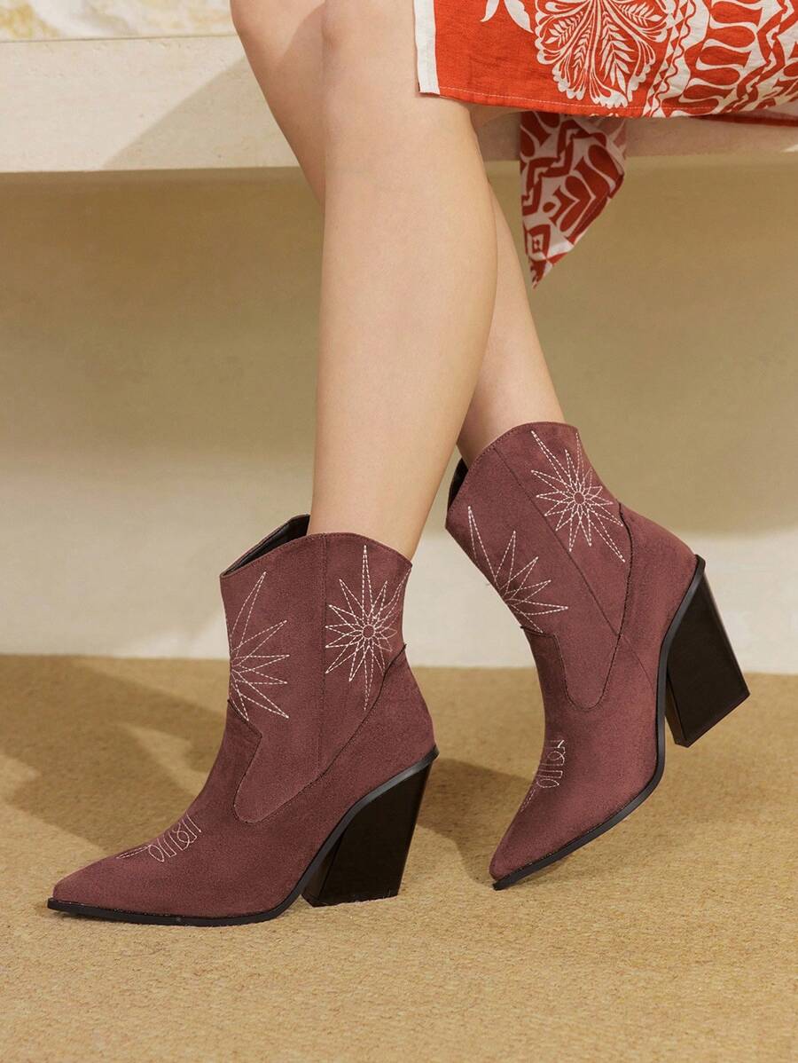 Styleloop Women's Mid-Calf Boots, Woven Texture, Bohemian Style, Suitable For Vacation, Summer, Western, Music Festival Outfits - Coffee Brown - View 1