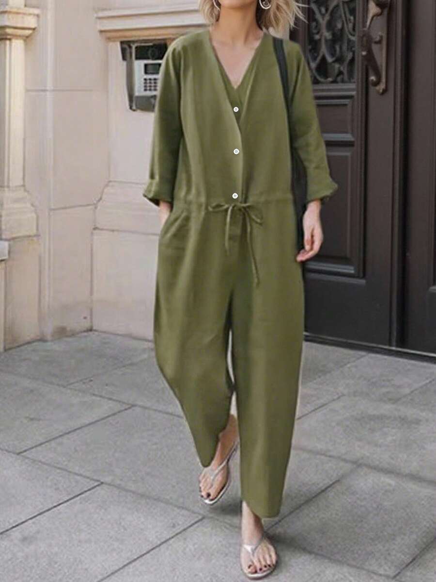 INAWLY Bộ đồ liền thân dài tay rộng rãi tối giản thời trang dành cho nữ, thích hợp cho kỳ nghỉ - màu xanh lá - Xem 1