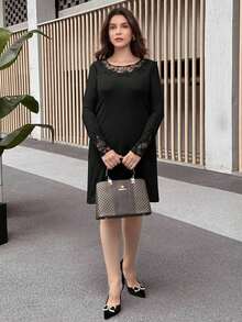 SHEIN LUNE Valentine's Day Dress Women Casual Lace Patchwork Long Sleeve Mini Dress, Simplistic Designvalentine Day - Black - View 1