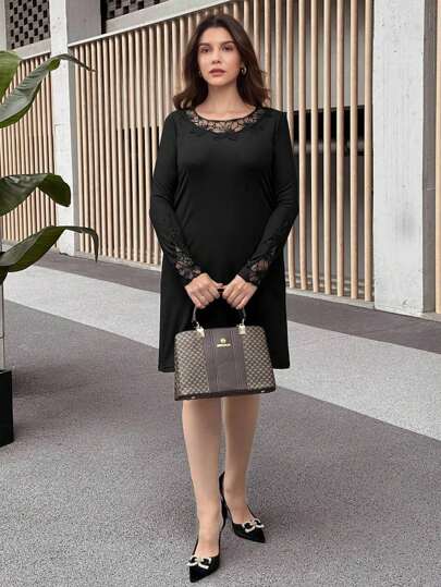 SHEIN LUNE 女士休闲蕾丝拼布长袖迷你连衣裙，简约设计